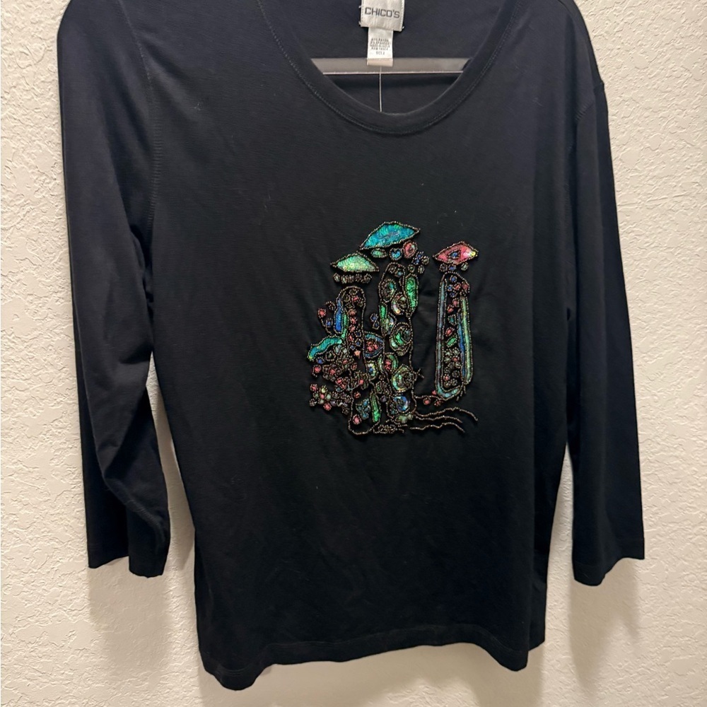 Chico's Black Long Sleeve Top with Colorful Embellishments size 2X